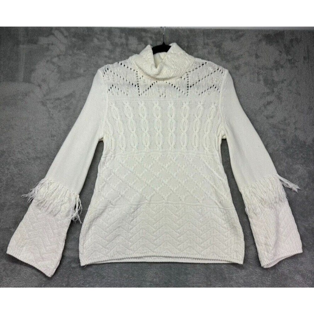 White House Black Market Sweater Women's XS White Stitch Knit Fringe Beaded Top